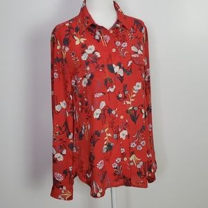 Loft Floral Red Button Up Womens Blouse, Size S